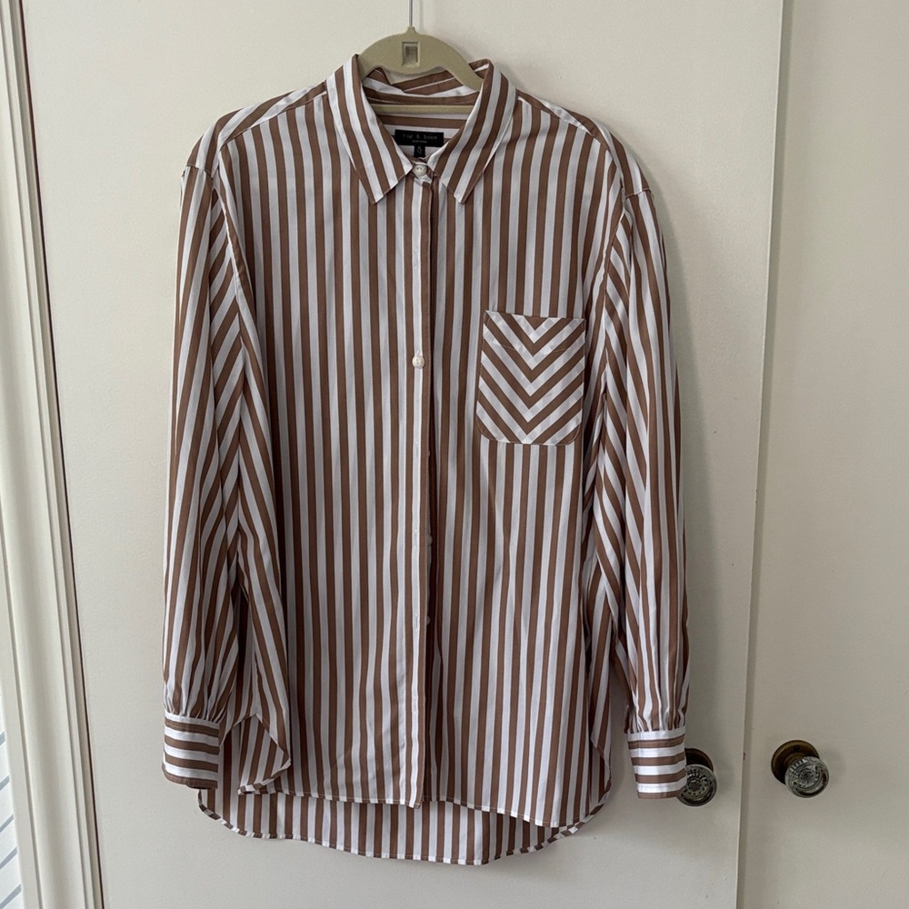 Rag and Bone Poplin Shirt Maxine Size XL Brown Stripe